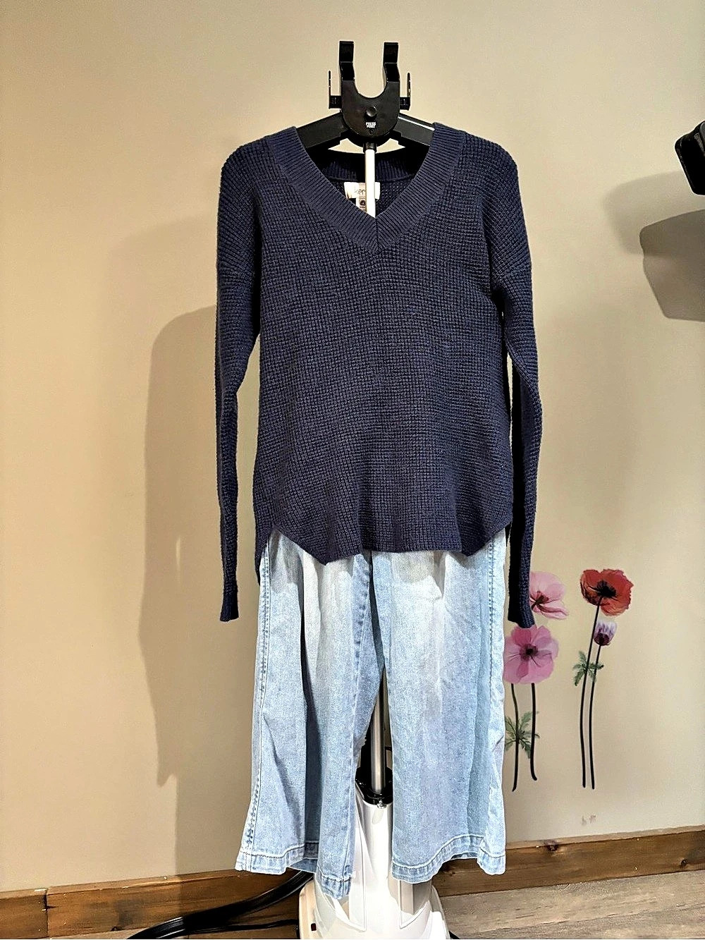 kersh Wool Rich Blend V-Neck Waffle Knit Sweater Blue Small